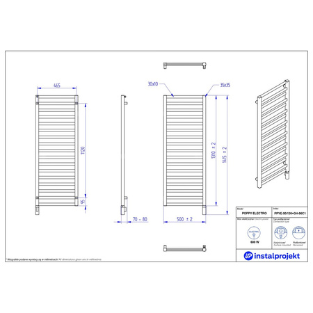 Grzejnik elektryczny (suszarka) INSTAL-PROJEKT Poppy Electro, wym. 1310 (1415 z grzałką)/500 mm, kolor biały połysk,  moc 600 W