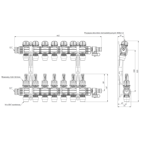 Rozdzielacz do ogrzewania podłogowego AFRISO ProCalida EF1 K 7-obieg. poliamid GZ 1'' x euroconus 3/4'' + przepływomierz + zawór napełn/spust