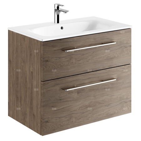 Zestaw umywalki meblowej Geberit Selnova Square, slim rim, z szafką pod umywalkę, z dwoma szufladami: B1=78.8cm, T=50.2cm, Otwór na baterię=Na środku, Przelew=Widoczny, Orzech włoski hickory