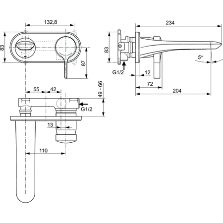 Bateria umywalkowa ścienna 193x234x128,5 mm, wylewka 204 mm, wymagany zestaw 1 (A5948) 5 l/min (3 bary), bez korka spustowego - MELANGE