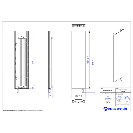 Grzejnik elektryczny (suszarka) INSTAL-PROJEKT Indivi Electro, wym. 1606 (1711 z grzałką)/386 mm, moc 600 W
