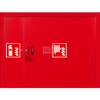 Hydrant DN 33 wnękowy z miejscem na gaśnicę obok zwijadła, wąż 30 m, ocynk fasada, zamek patent, RAL 3000