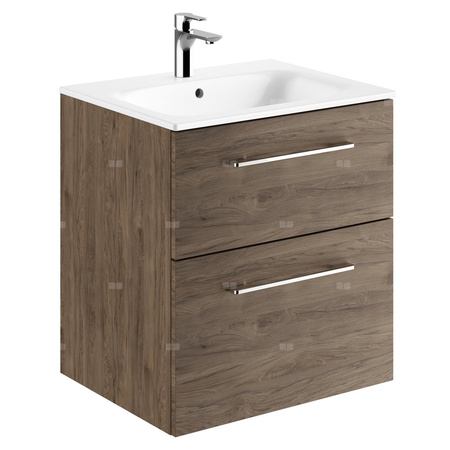 Zestaw umywalki meblowej Geberit Selnova Square, slim rim, z szafką pod umywalkę, z dwoma szufladami: B1=58.8cm, T=50.2cm, Otwór na baterię=Na środku, Przelew=Widoczny, Orzech włoski hickory