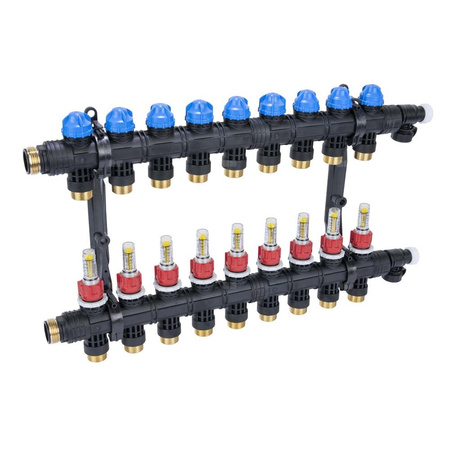 Rozdzielacz do ogrzewania podłogowego AFRISO ProCalida EF1 K 9-obieg. poliamid GZ 1'' x euroconus 3/4'' + przepływomierz + zawór napełn/spust