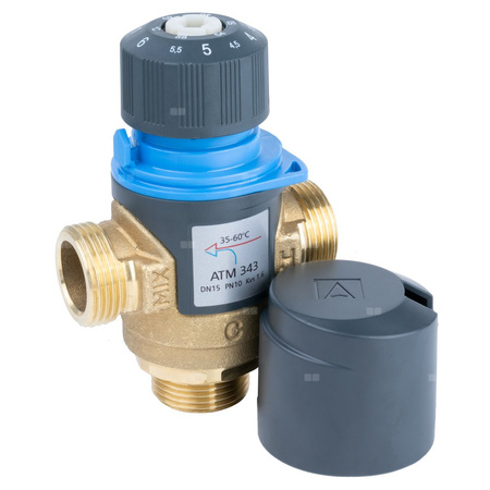 Zawór regulacyjny termostatyczny do wody ciepłej AFRISO ATM 343 ze śrubunkami mosiądz GZ 3/4'', DN 15, zakres temp. 35-60'C, Kvs 1.6 m3/h, maksymalna temperatura 90'C, maksymane ciśnienie 10 bar