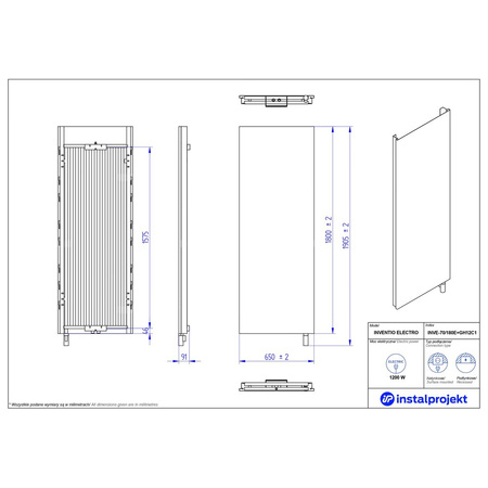 Grzejnik elektryczny (suszarka) INSTAL-PROJEKT INVENTIO ELECTRO, wym. 1800 (1905 z grzałką)/650 mm, moc 1200 W