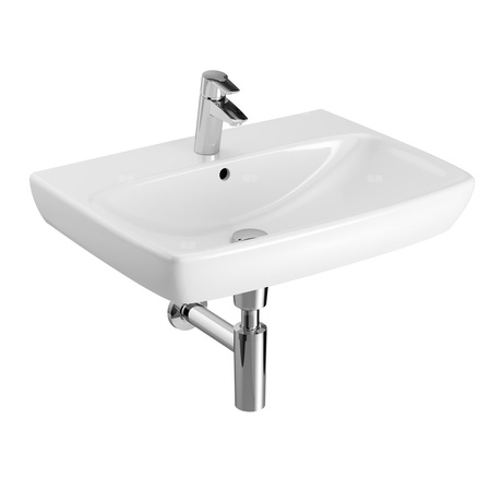 Umywalka GEBERIT Selnova Square prostokątna, biała, 650mm, otwór na baterię na środku, z odpływem przelewowym, półka od ściany