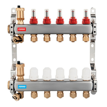Rozdzielacz 10-drogowy z zaworami termostatycznymi, przepływomierzami i złączkami, stal nierdzewna
