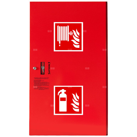 Hydrant DN52 zawieszany z koszem, z miejscem na gaśnicę obok kosza, wąż 2x20m, zamek patent, RAL 3000