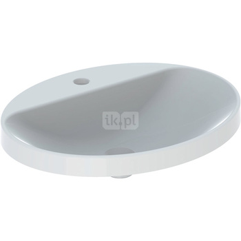 Umywalka GEBERIT Variform eliptyczna, biała, 600mm, otwór na baterię na środku, wpuszczana w blat, bez odpływu przelewowego, półka od ściany