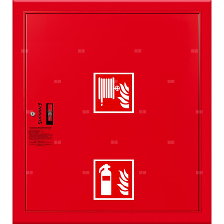 Hydrant DN 52 wnękowy z miejscem na gaśnicę pod zwijadłem, wąż 20 m, zamek patent, RAL 3000