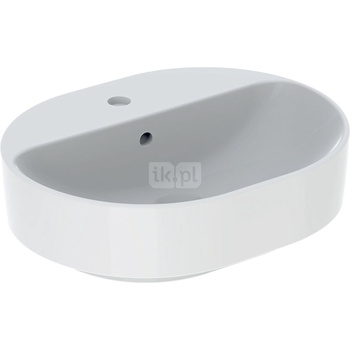 Umywalka GEBERIT Variform eliptyczna, biała, 500mm, otwór na baterię na środku, stawiana na blat, z odpływem przelewowym, półka od ściany