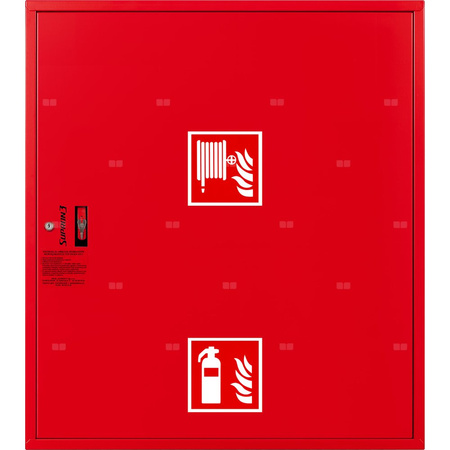 Hydrant DN 33 zawieszany z miejscem na gaśnice pod zwijadłem, wąż 20 m, ocynk fasada, zamek patent, RAL 3000