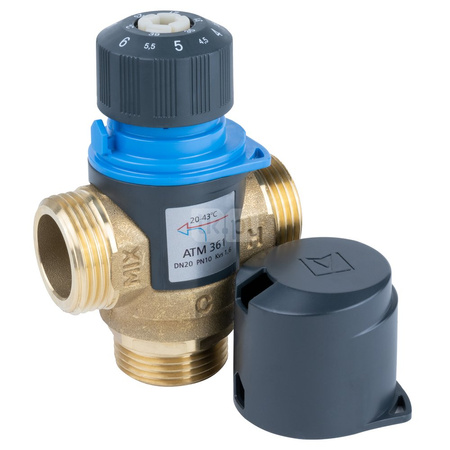 Zawór regulacyjny termostatyczny do wody ciepłej AFRISO ATM 361 ze śrubunkami mosiądz GZ 1'', DN 20, zakres temp. 20-43'C, Kvs 1.6 m3/h, maksymalna temperatura 90'C, maksymane ciśnienie 10 bar