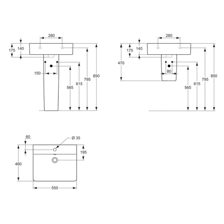 Umywalka IDEAL STANDARD CONNECT prostokątna, biała, 550mm, otwór na baterię na środku, wiszący, bez odpływu przelewowego
