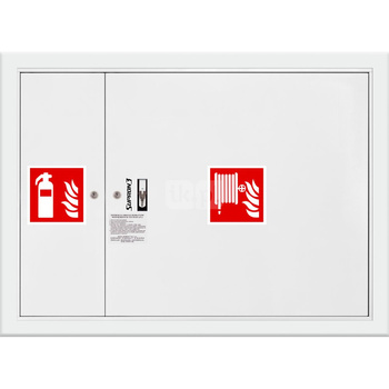 Hydrant DN 52 wnękowy z miejscem na gaśnicę obok zwijadła, wąż 15 m, zamek patent, RAL 9003