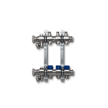 Rozdzielacz ze stali nierdzewnej. Wkładki termostatyczne na powrocie, uchwyt ścienny i zawór spustowy. 12