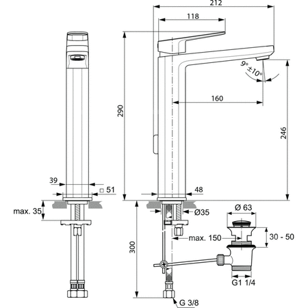 Bateria umywalkowa 51x212x290 mm, wylewka 160 mm 5 l/min (3 bary), z korkiem spustowym - TONIC II