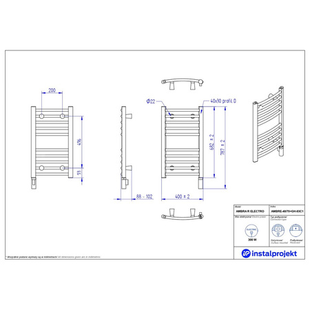 Grzejnik elektryczny (suszarka) INSTAL-PROJEKT AMBRA R ELECTRO, wym. 682 (787 z grzałką)/400 mm, kolor biały połysk,  moc 300 W