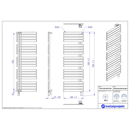 Grzejnik elektryczny (suszarka) INSTAL-PROJEKT Pop Star Electro, wym. 1505 (1610 z grzałką)/500 mm, kolor czarny mat, moc 600 W