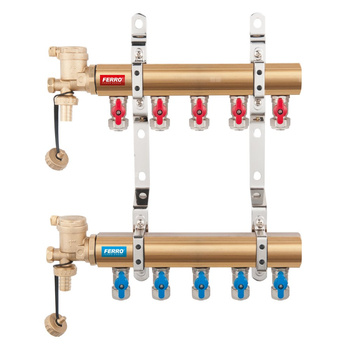 Rozdzielacz do instalacji c.o. FERRO N-RO04S mosiądz 1'', 4-obieg. GW zawór kulowy 16 x 2mm