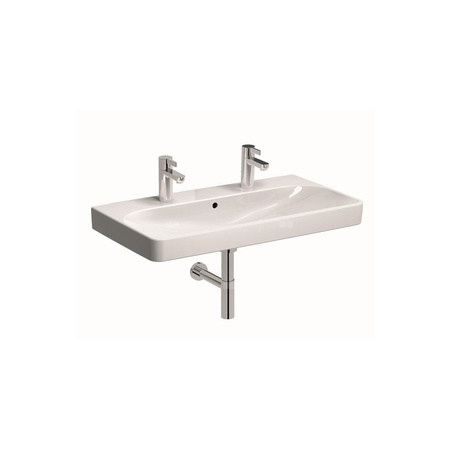 Umywalka GEBERIT Smyle Square 2-stanowiskowa prostokątna, biała, 900mm, otwór na baterię na środku, z odpływem przelewowym, półka od ściany