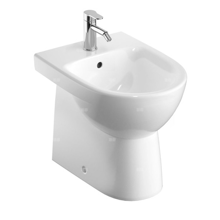 Geberit Selnova Compact Bidet stojący przylegający do ściany, B35.5cm, H40cm, T48cm, krótki, częściowo ukryte mocowania, z przelewem, z otworem na baterię