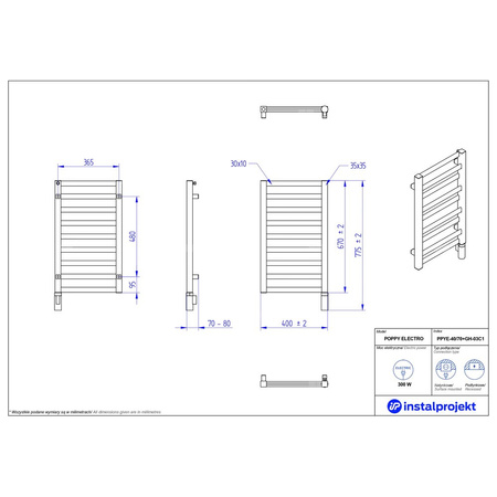 Grzejnik elektryczny (suszarka) INSTAL-PROJEKT Poppy Electro, wym. 670 (775 z grzałką)/400 mm, kolor biały mat,  moc 300 W
