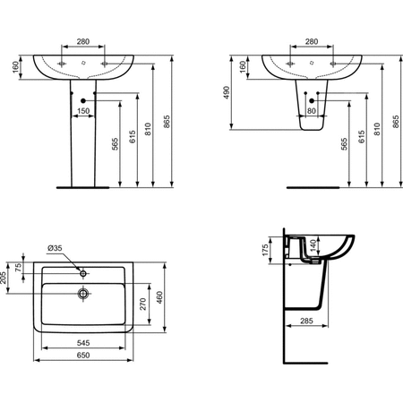 Umywalka 650x460x190 mm, 1 otwór na baterię, z przelewem - EUROVIT