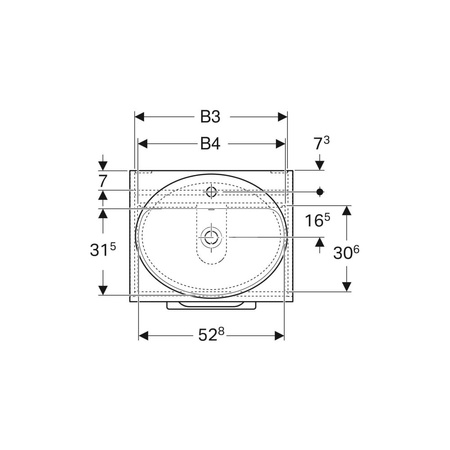 Umywalka GEBERIT Variform eliptyczna, biała, 550mm, otwór na baterię na środku, wpuszczana w blat, z odpływem przelewowym, półka od ściany