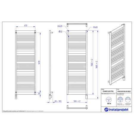 Grzejnik elektryczny (suszarka) INSTAL-PROJEKT Frame Electro, wym. 1580 (1685 z grzałką)/500 mm, kolor czarny, moc 900 W
