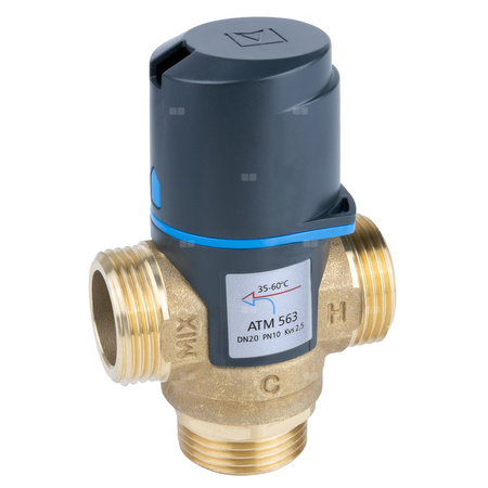 Zawór regulacyjny termostatyczny do wody ciepłej AFRISO ATM 563 ze śrubunkami mosiądz GZ 1'', DN 20, zakres temp. 35-60'C, Kvs 2.5 m3/h, maksymalna temperatura 90'C, maksymane ciśnienie 10 bar