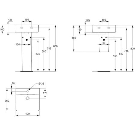 Umywalka do rąk 400x360x160 mm, 1 otwór na baterię, z przelewem - CONNECT