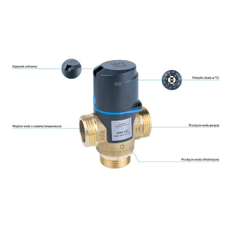 Zawór regulacyjny termostatyczny do wody ciepłej AFRISO ATM 363 mosiądz GZ 1'', DN 20, zakres temp. 35-60'C, Kvs 1.6 m3/h, maksymalna temperatura 90'C, maksymane ciśnienie 10 bar