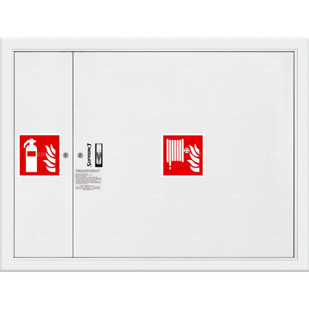 Hydrant DN 33 wnękowy z miejscem na gaśnicę obok zwijadła, wąż 30 m, ocynk fasada, zamek patent, RAL 9003