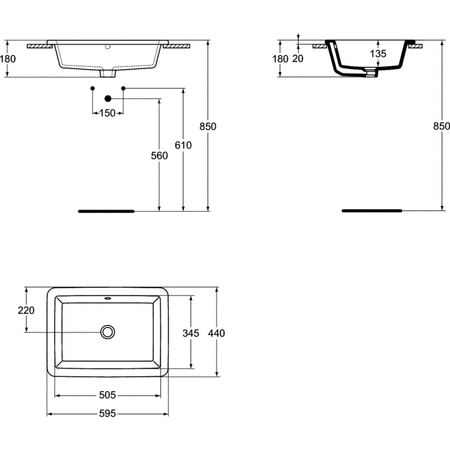 Umywalka nablatowa 595x435x170 mm, bez otworu na baterię, z przelewem - STRADA