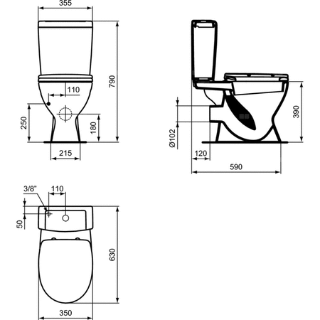 Wiązka z otwartą misą blisko połączona 355x630x790 mm, spłukiwanie, mechaniczne, wylot poziomy - EUROVIT