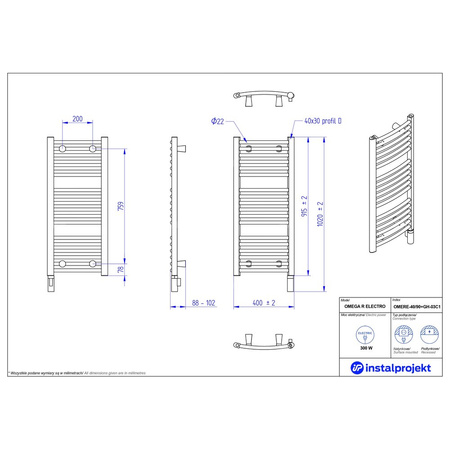 Grzejnik elektryczny (suszarka) INSTAL-PROJEKT OMER ELECTRO, wym. 915 (1020 z grzałką)/400 mm, kolor biały połysk,  moc 300 W