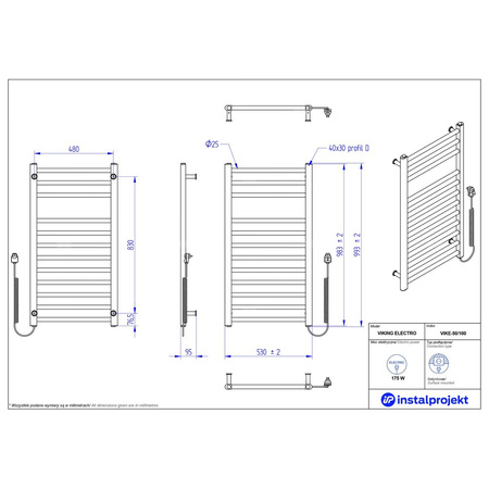 Grzejnik elektryczny (suszarka) INSTAL-PROJEKT VIKING ELECTRO, wym. 993/530 mm, kolor biały połysk,  moc 175 W