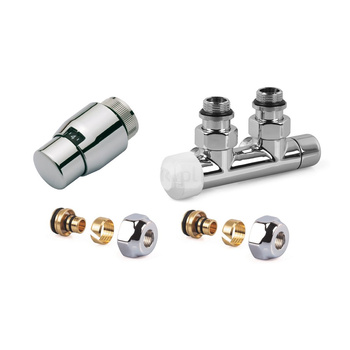 Zestaw CHROM do grzejników dolnozasilanych: głowica Thera-200 (chrom/chrom) T4221, zawór podwójny, kątowy lewy, V2882LSL15A + 2x złączka do rur wielowarstwowych FEM24M16X2