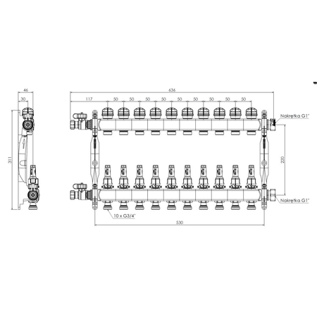 Rozdzielacz do ogrzewania podłogowego AFRISO ProCalida VA 1C 10-obieg. stal nierdzewna GZ 1'' x euroconus 3/4''