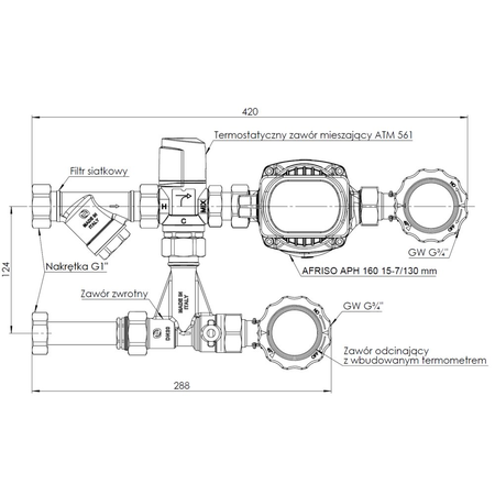 Grupa pompowa AFRISO BPS 991 AP nakrętka x GW 1'' x 3/4'', z zaworem mieszającym, z zaworem termostatycznym, z pompą obiegową AFRISO APH 160 15-7/130 mm