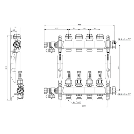 Rozdzielacz do ogrzewania podłogowego AFRISO ProCalida VA 1C 4-obieg. stal nierdzewna GZ 1'' x euroconus 3/4''