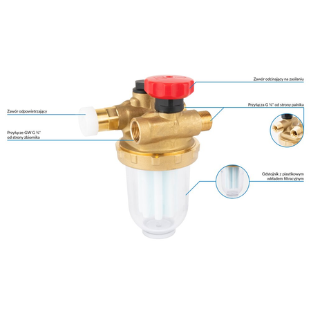 Filtr olejowy AFRISO R500Si jednorurowy z powrotem fi 3/8'' x 3/8'' GW x GZ, z wkładem plastikowym, maks. przepływ 210 l/h