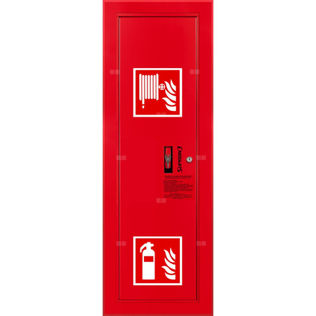 Hydrant DN 25 wnękowy boczny z miejscem na gaśnicę, wąż 20 m, zamek patent, RAL 3000 lewy