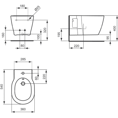 Bidet wiszący 360x540x305 mm, 1 otwór na baterię, z przelewem - CONNECT