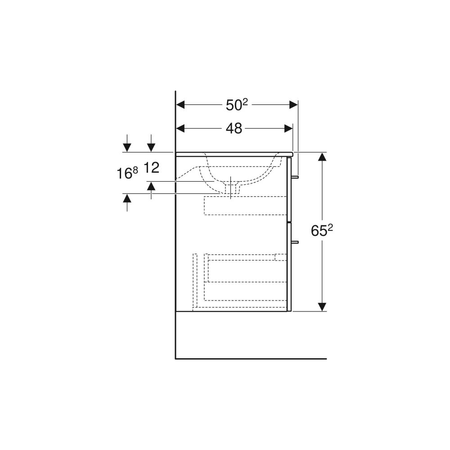 Umywalka GEBERIT Selnova Square prostokątna, biała, 600mm, otwór na baterię na środku, nakładany od góry, z odpływem przelewowym, półka od ściany