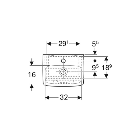 Umywalka GEBERIT Selnova Square prostokątna, biała, 500mm, otwór na baterię na środku, bez odpływu przelewowego, półka od ściany