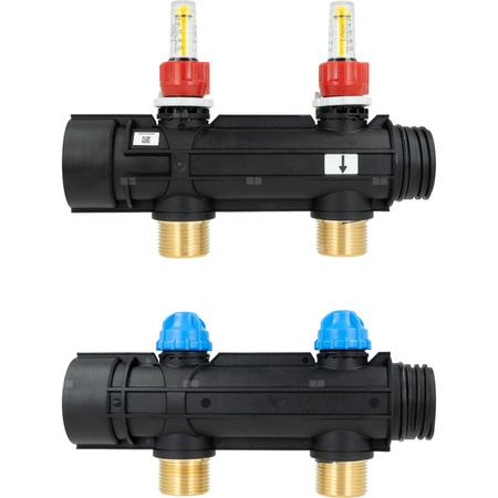 Dwa obiegi rozdzielacza ProCalida IN 1 1/2", rozstaw 100 mm, G1", rotametry 4-20 l/min