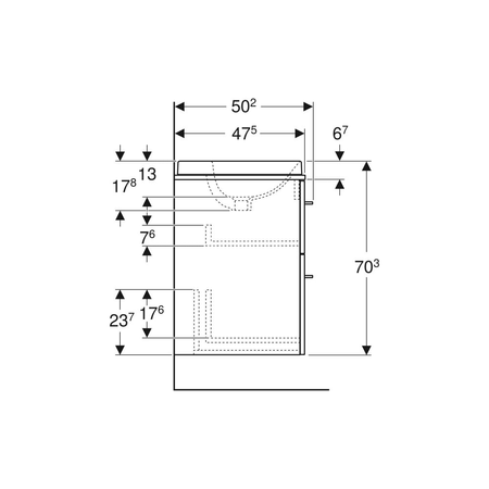 Umywalka GEBERIT Variform eliptyczna, biała, 550mm, otwór na baterię na środku, wpuszczana w blat, z odpływem przelewowym, półka od ściany